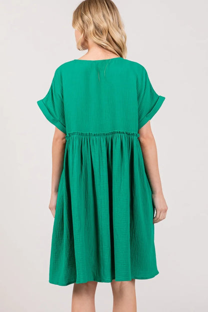 Kelly green Sage and Fig short sleeve button-up dress by Trendsi, full size, lightweight fabric, casual summer style.