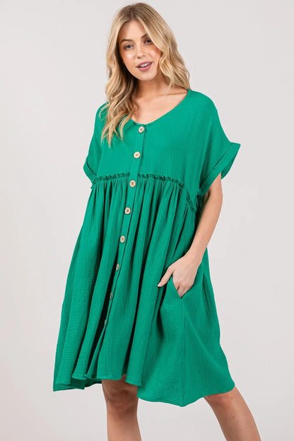 Kelly green Sage and Fig full-size button-up short sleeve dress by Trendsi, showcasing a casual, stylish dress with a collared neckline.