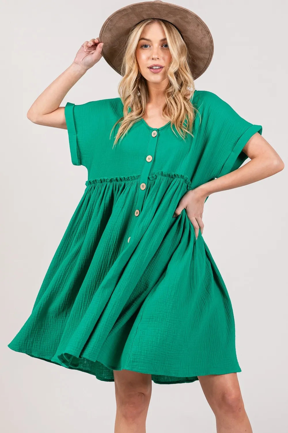 Kelly green Sage and Fig full-size button-up short sleeve dress by Trendsi, featuring a classic collar and relaxed fit.