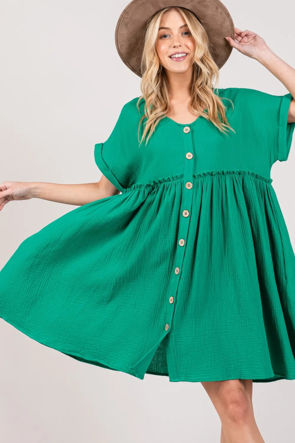Kelly green Sage and Fig full-size button-up short sleeve dress from Trendsi, featuring a relaxed fit and classic collar.