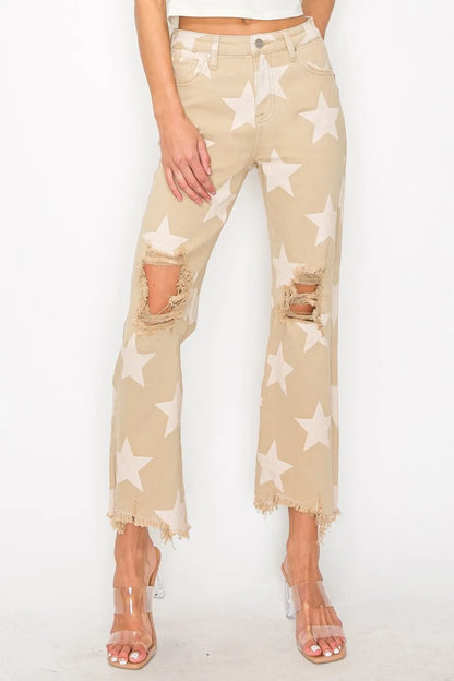 Risen high-rise star-printed frayed hem jeans in khaki, showcasing a full-size fit with distressed detailing and casual style.