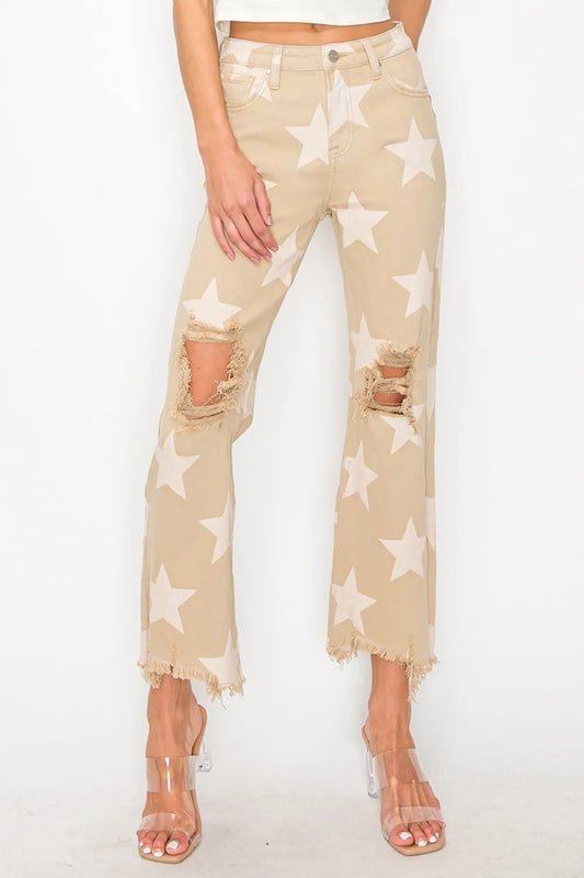 Risen high-rise star-printed frayed hem jeans in khaki, showcasing a full-size fit with distressed detailing and casual style.