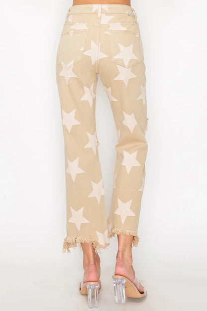Risen full size high-rise star printed jeans with frayed hem in khaki, featuring a trendy denim style and distressed details