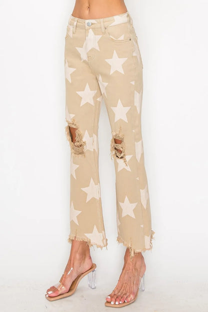 Risen full size high-rise star printed frayed hem jeans in khaki, showcasing a trendy denim style with star pattern and distressed hem.