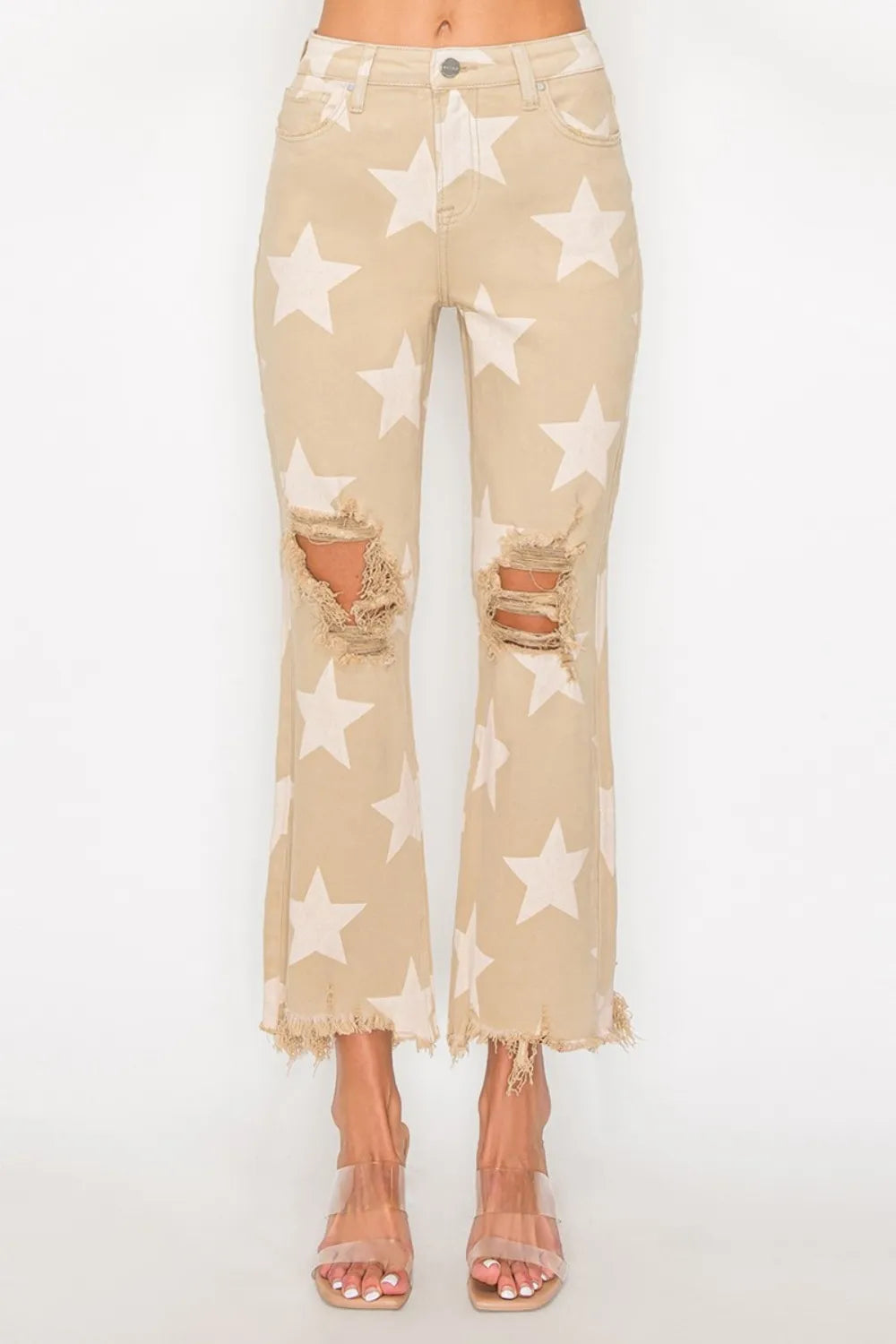 Risen full size high-rise star-printed frayed hem jeans in khaki, featuring a trendy distressed look and relaxed fit.