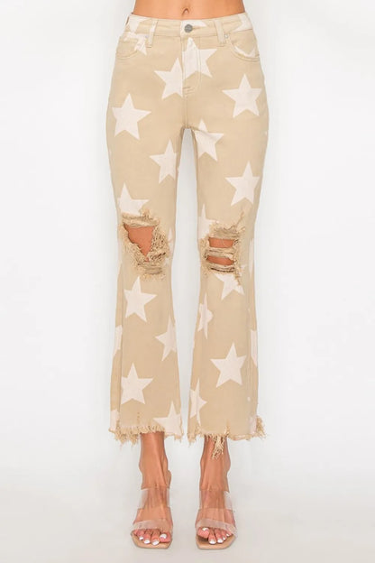 Risen full size high-rise star-printed frayed hem jeans in khaki, featuring a trendy distressed look and relaxed fit.