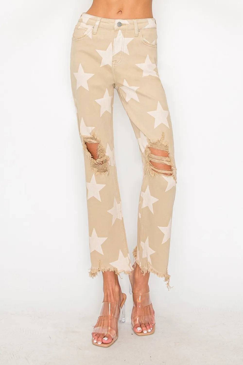 Risen high-rise star printed frayed hem jeans in khaki color, full size, showcasing distressed denim style.