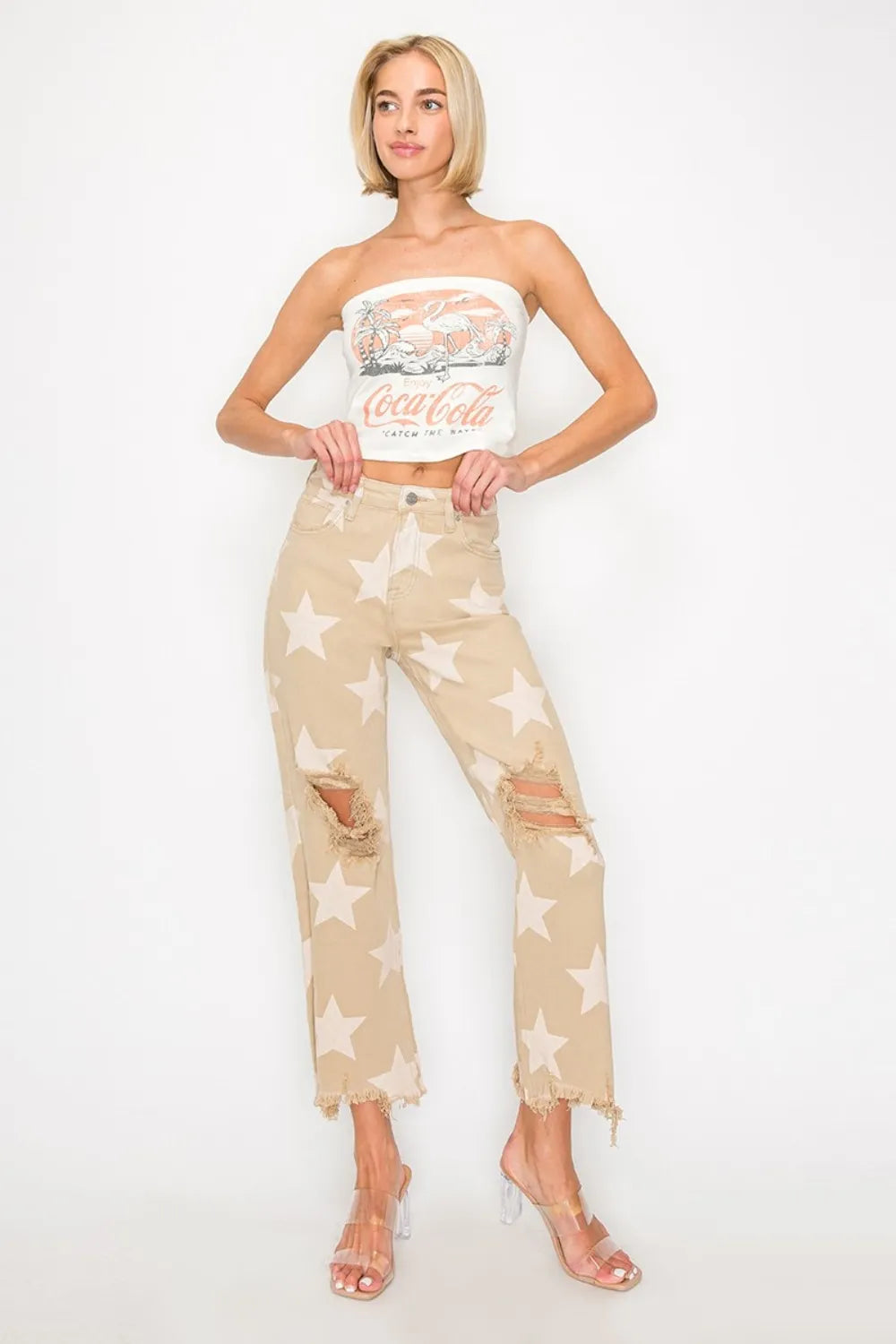 Risen full-size high-rise star-printed frayed hem jeans in khaki, featuring distressed details and casual fit.