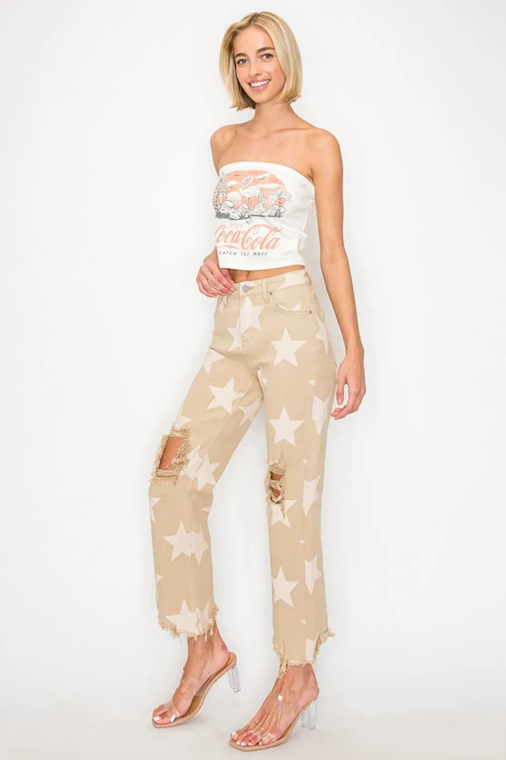 Risen high-rise star printed frayed hem jeans in khaki, full size, trendy distressed denim from Trendsi.