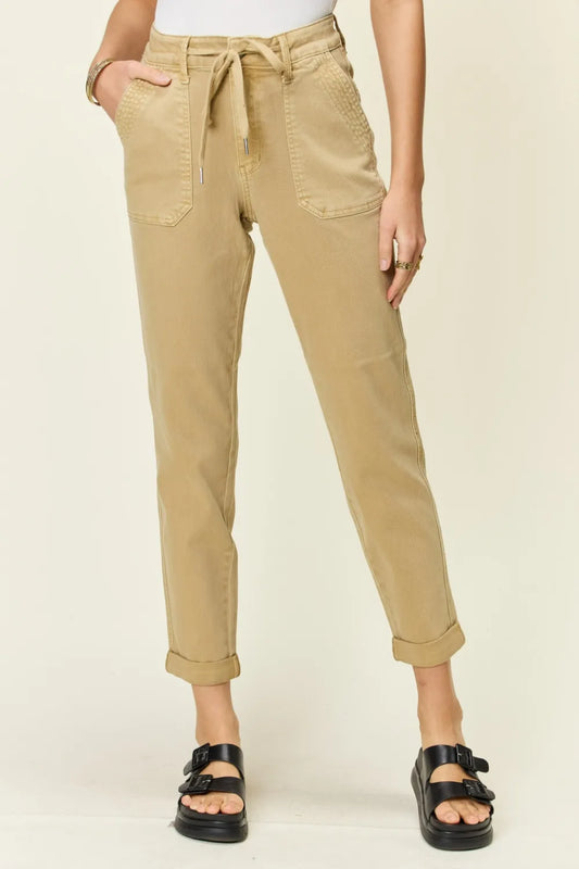 Khaki Judy Blue high waist jogger jeans with relaxed fit and elastic waistband, full size, casual denim style.