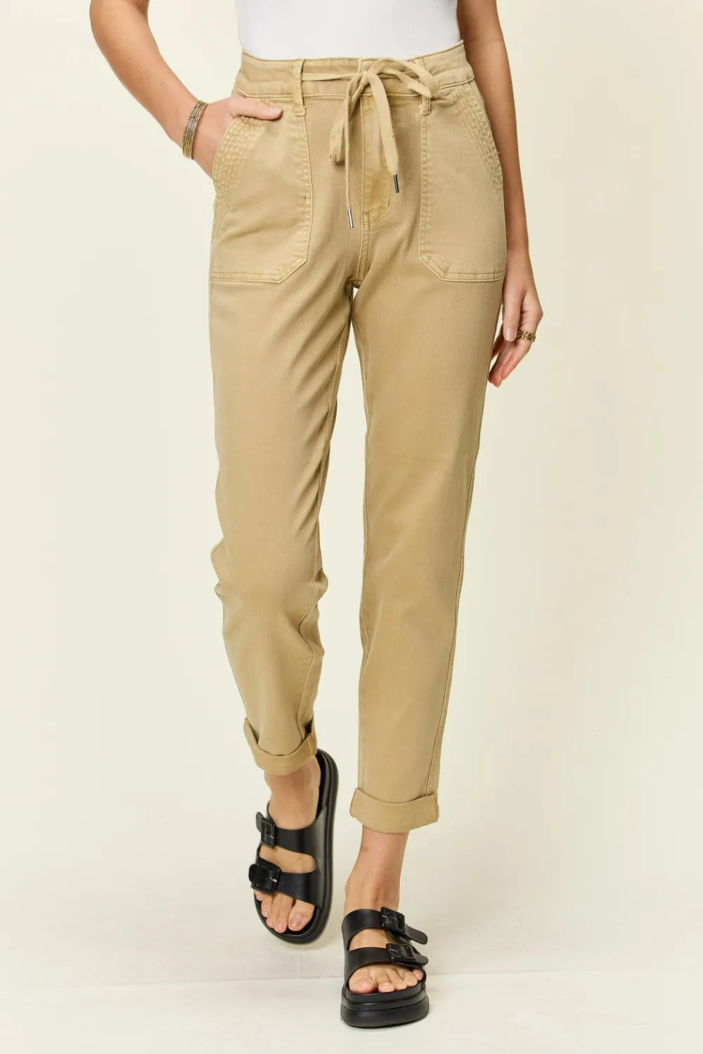 Khaki Judy Blue full size high waist jogger jeans featuring relaxed fit and elastic waistband, casual and comfortable style.