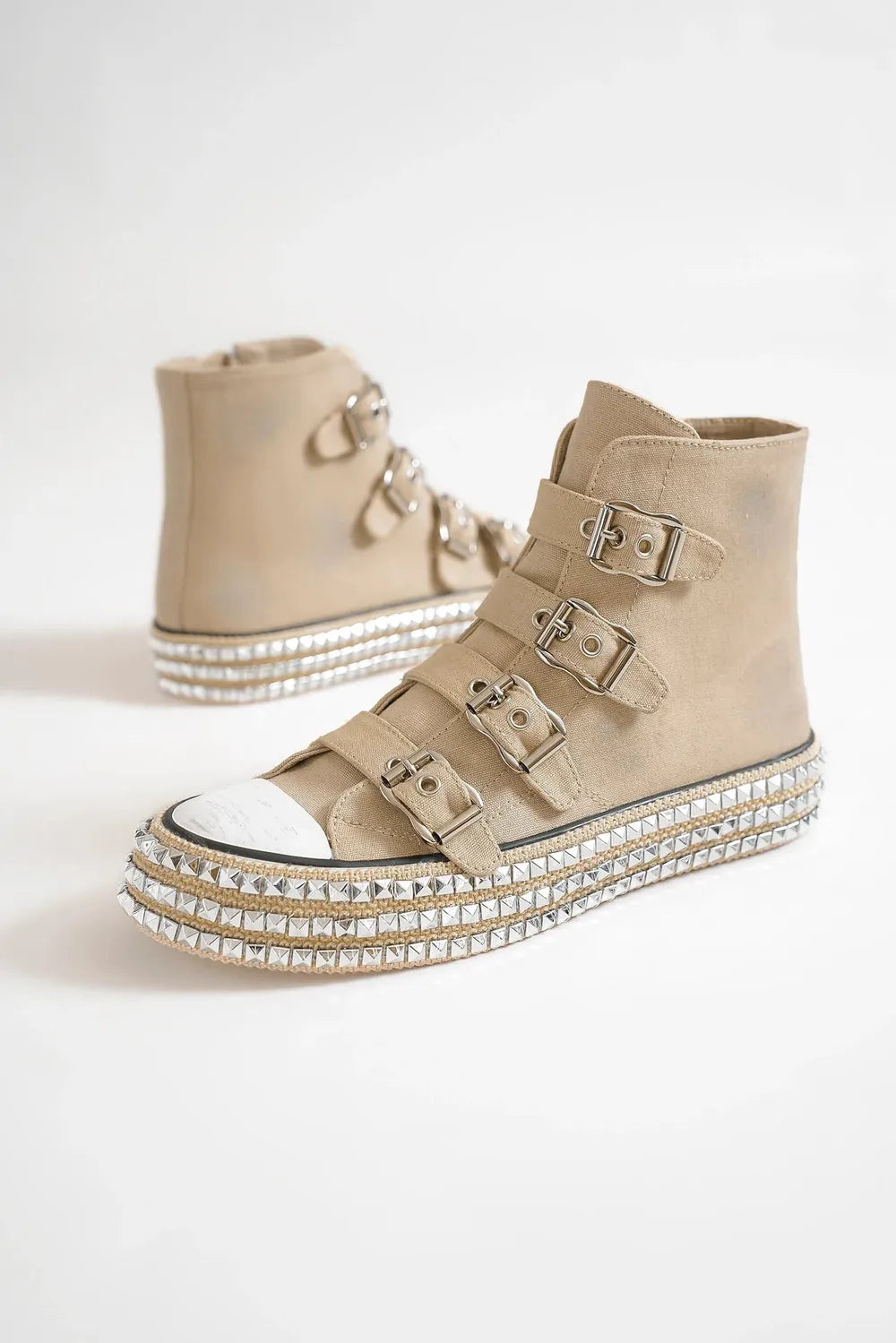 Beast Fashion khaki platform sneakers with multiple buckle straps and studded design, trendy and stylish for casual wear.