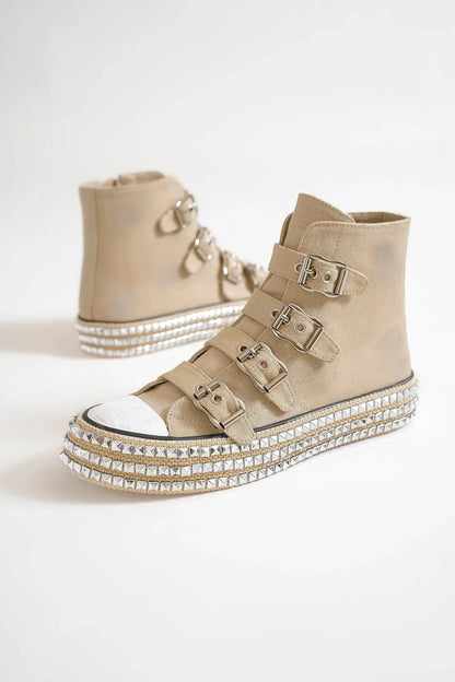 Beast Fashion khaki platform sneakers with multiple buckle straps and studded design, trendy and stylish for casual wear.