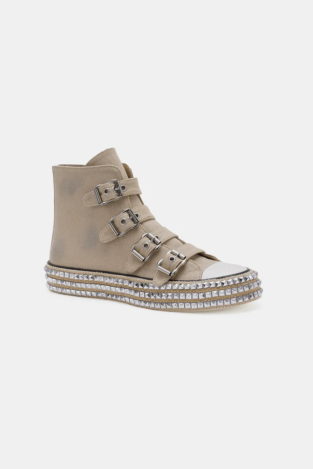 Beast Fashion khaki platform sneakers with multiple buckles and studded straps, trendy and chunky for a bold look.