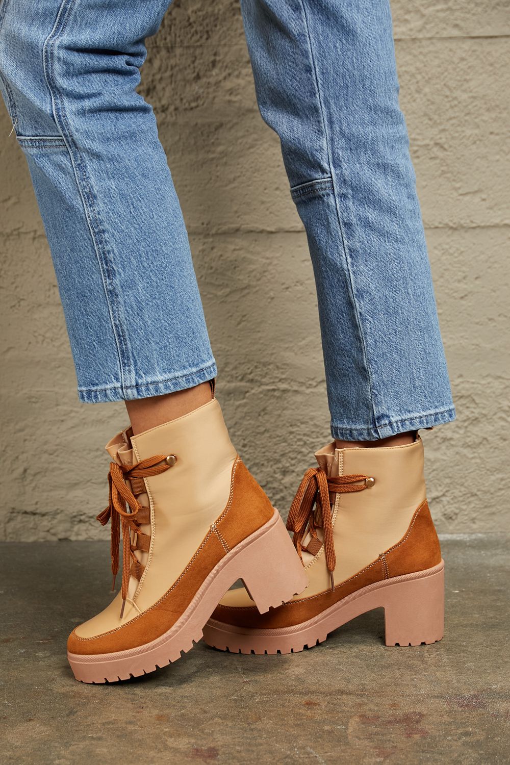 Khaki lace-up lug booties by East Lion Corp featuring chunky sole and stylish design, perfect for casual or rugged outfits.