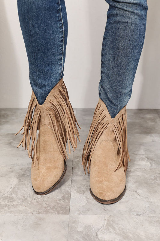 Khaki Legend Women's Fringe Cowboy Western Ankle Boots with fringe details and Western-inspired design by Trendsi