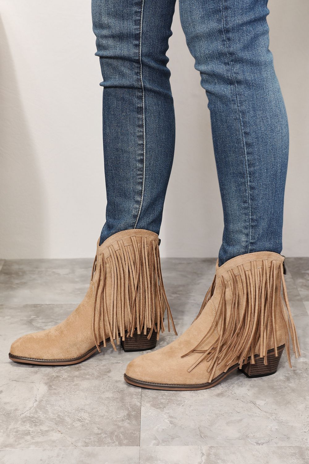Legend Women's Fringe Cowboy Western Ankle Boots in khaki with fringe detailing, stylish Western-inspired ankle boot for women.