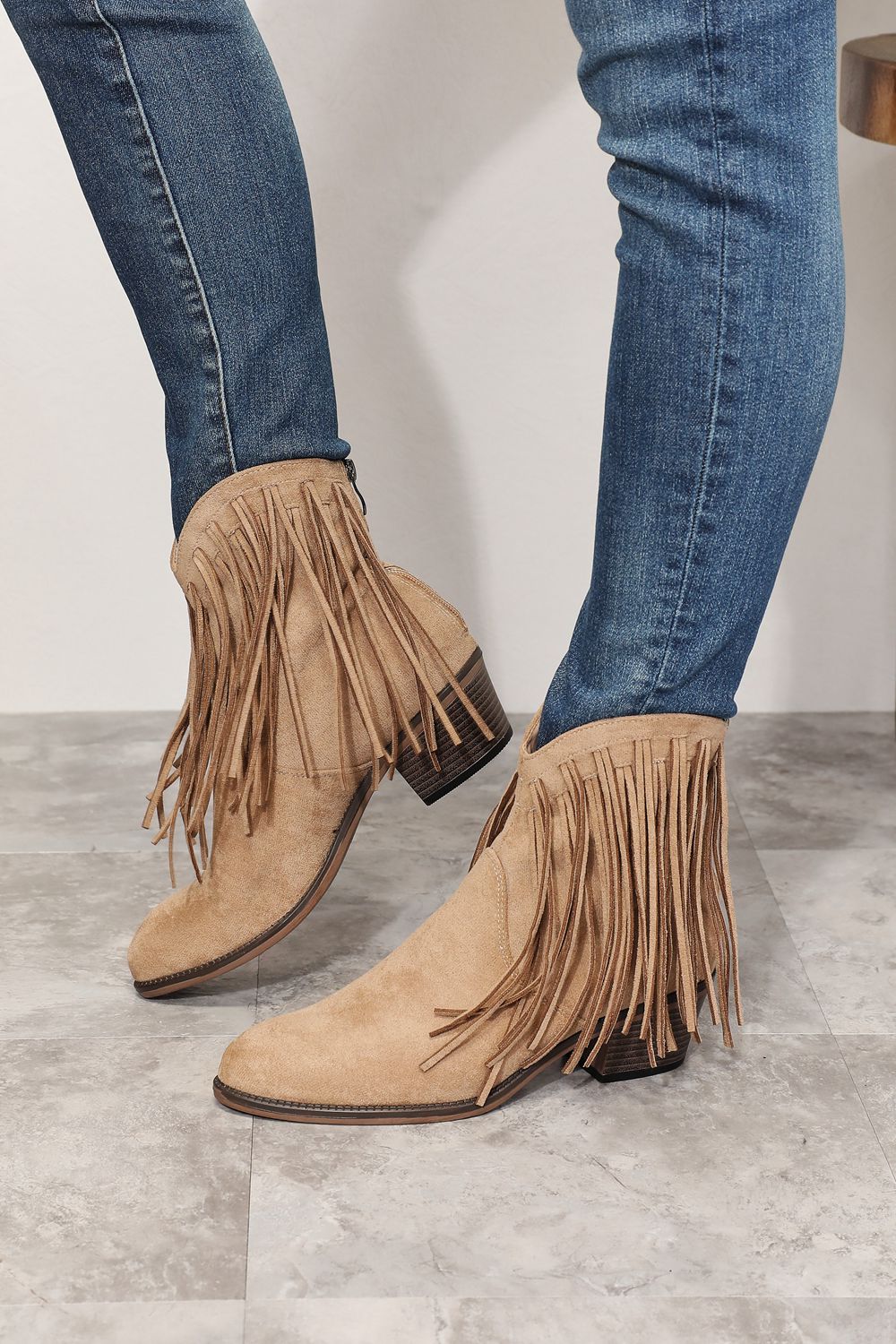 Legend Women's Fringe Cowboy Western Ankle Boots in khaki with fringe details and western-style design.