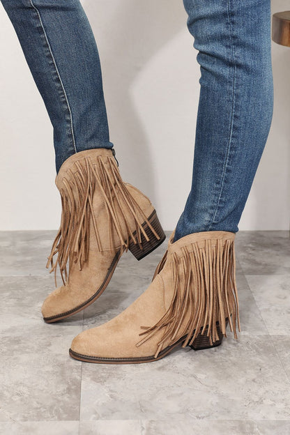 Legend Women's Fringe Cowboy Western Ankle Boots in khaki with fringe details and western-style design.
