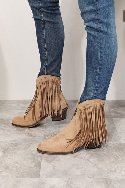 Legend Women's Fringe Cowboy Western Ankle Boots in khaki with fringe detailing and Western-style design.