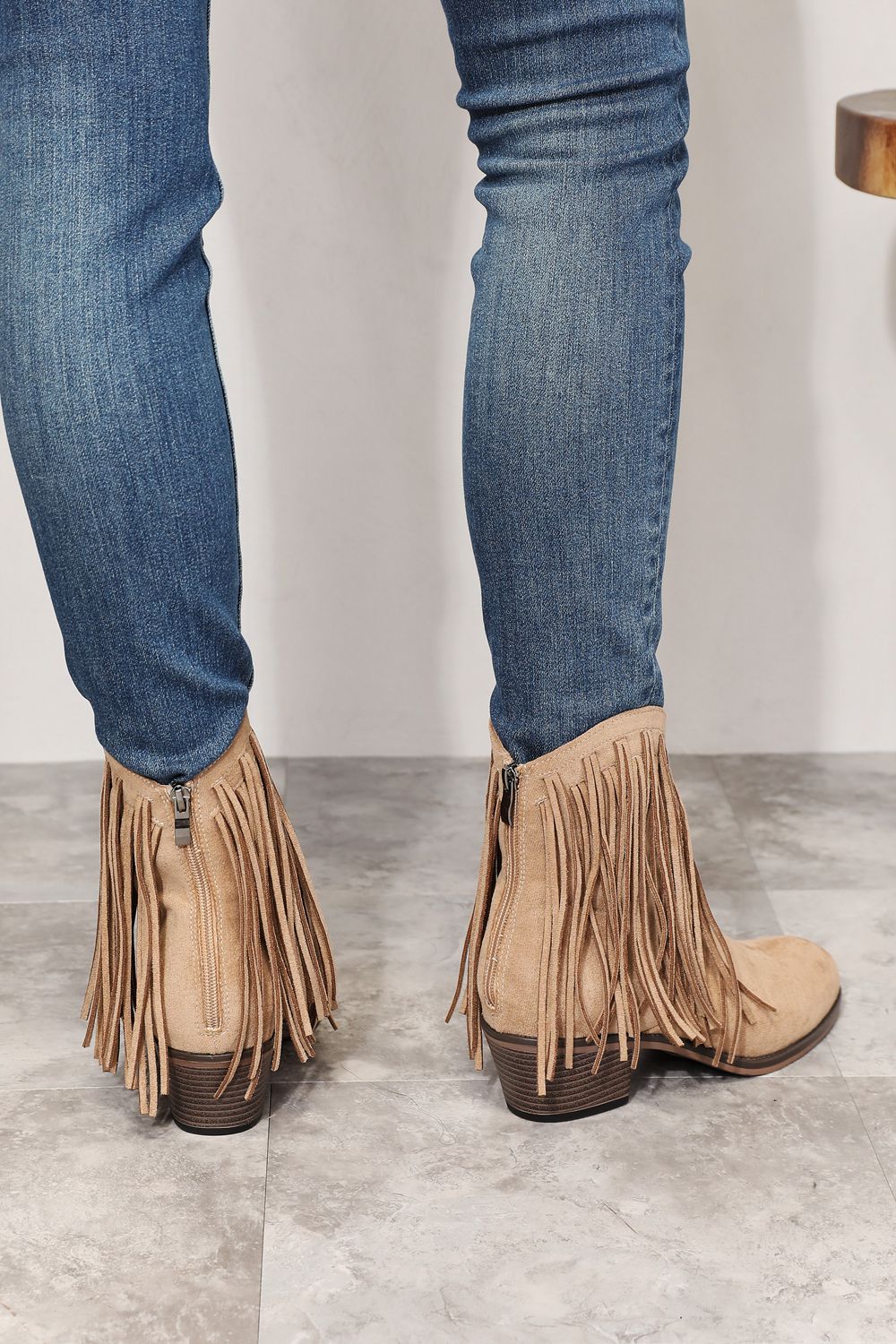 Khaki Legend Women's Fringe Cowboy Western Ankle Boots with fringe details and Western-style design.