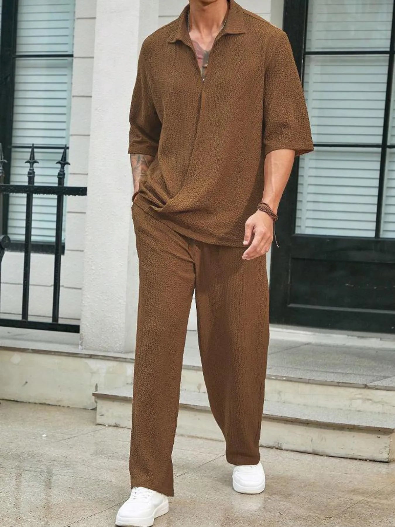 Men's plus size khaki half sleeve top and matching pants set by Trendsi, casual summer outfit, comfortable and stylish.