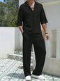 Plus size men's khaki half sleeve top and pants set by Trendsi, casual style with comfortable fit and relaxed look.