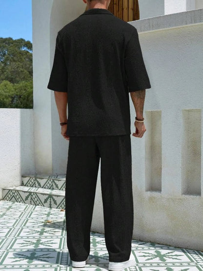 Men's plus size khaki half-sleeve top and pants set by Trendsi, casual outfit with relaxed fit and comfortable fabric.