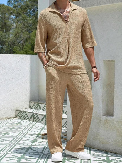 Men's plus size khaki half sleeve top and matching pants set by Trendsi, casual clothing for comfortable everyday wear.