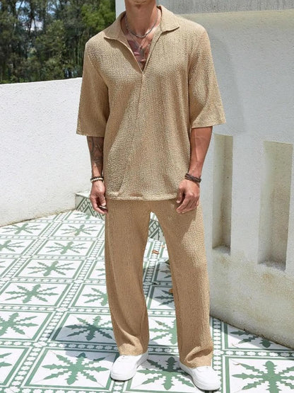 Plus size men's khaki half sleeve top and pants set by Trendsi, casual outfit with comfortable fabric and relaxed fit.