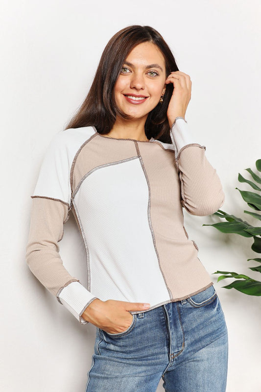 Khaki double take color block exposed seam top by Trendsi, featuring long sleeves and a stylish casual design.