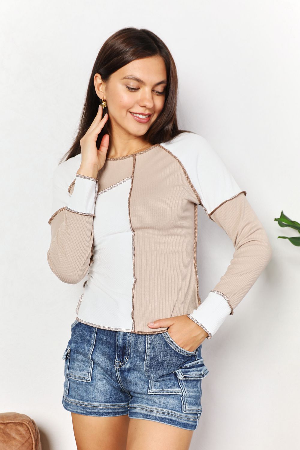 Khaki double take color block exposed seam top by Trendsi, featuring a stylish design with bold color blocking and seam details.