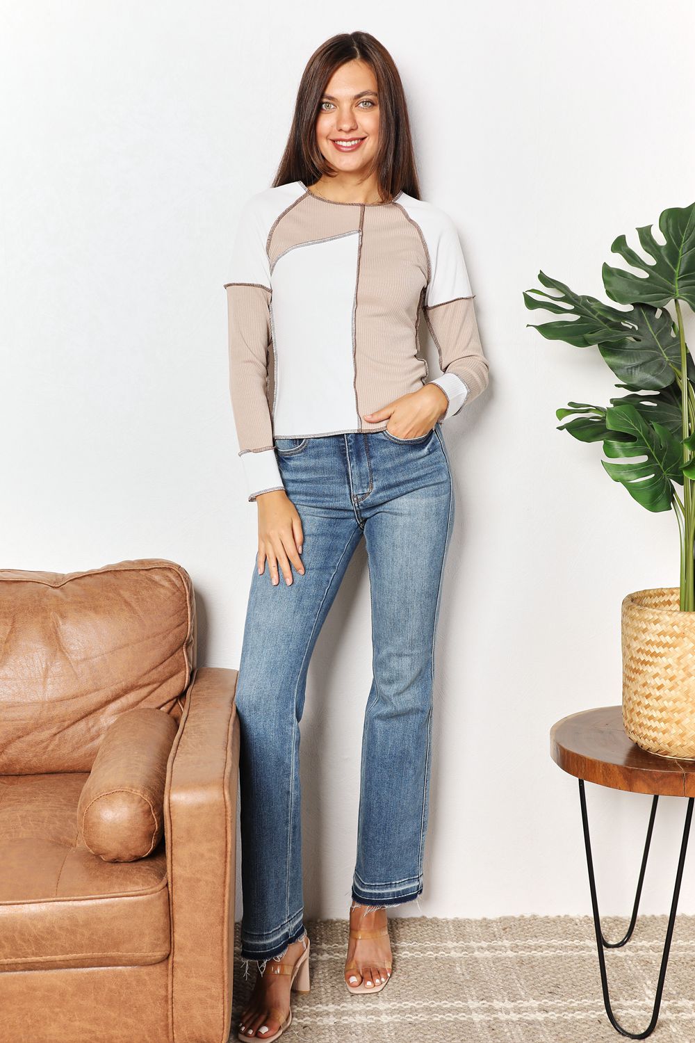 Khaki double take color block exposed seam top by Trendsi, showcasing a stylish casual women's blouse with contrasting fabric panels.