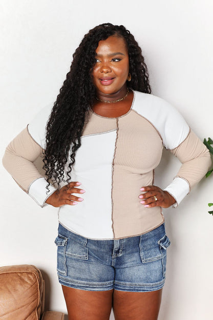 Khaki double take color block exposed seam top by Trendsi, featuring a stylish casual design with visible seam details.