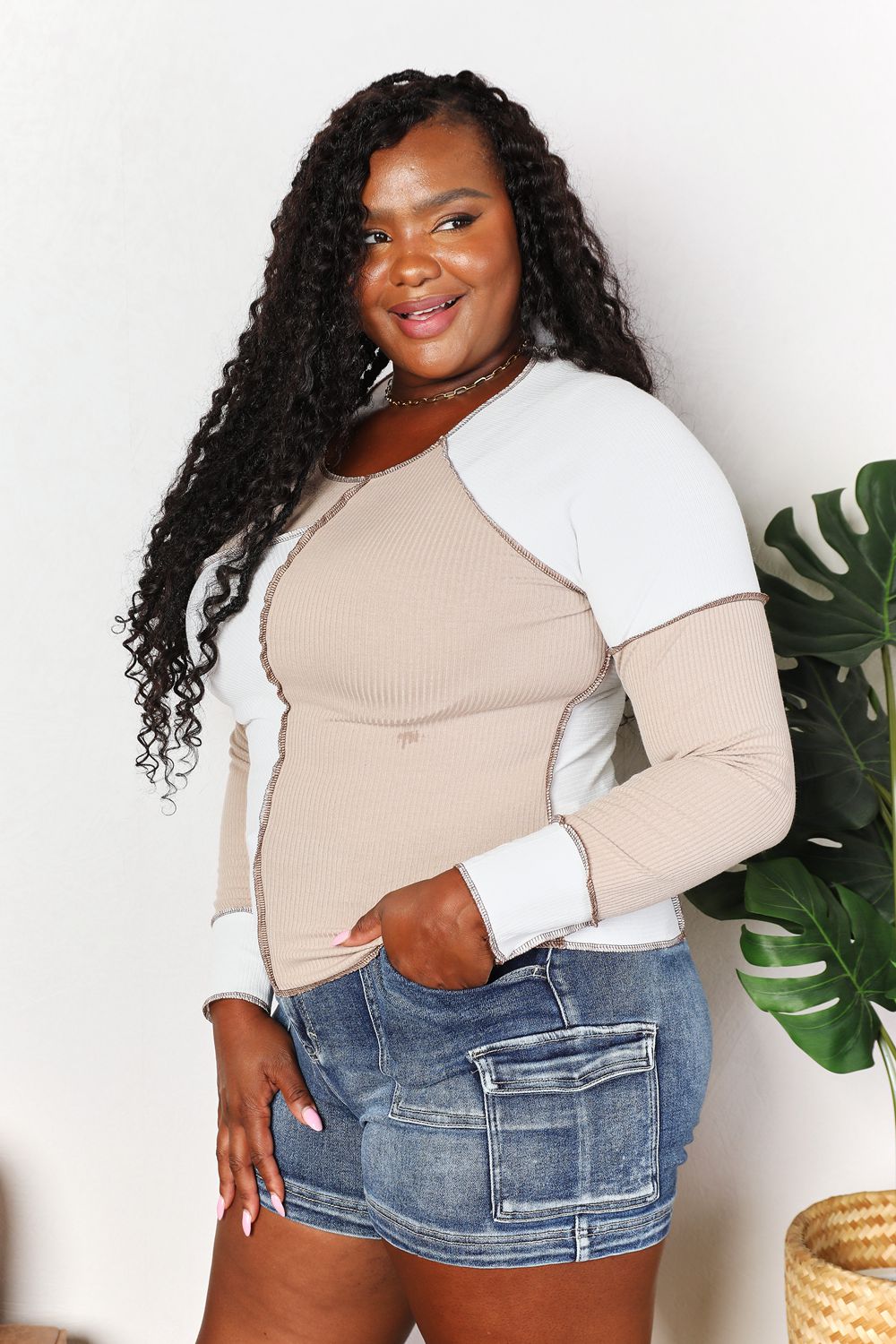 Khaki double take color block exposed seam top by Trendsi, featuring a stylish casual design with seam details.