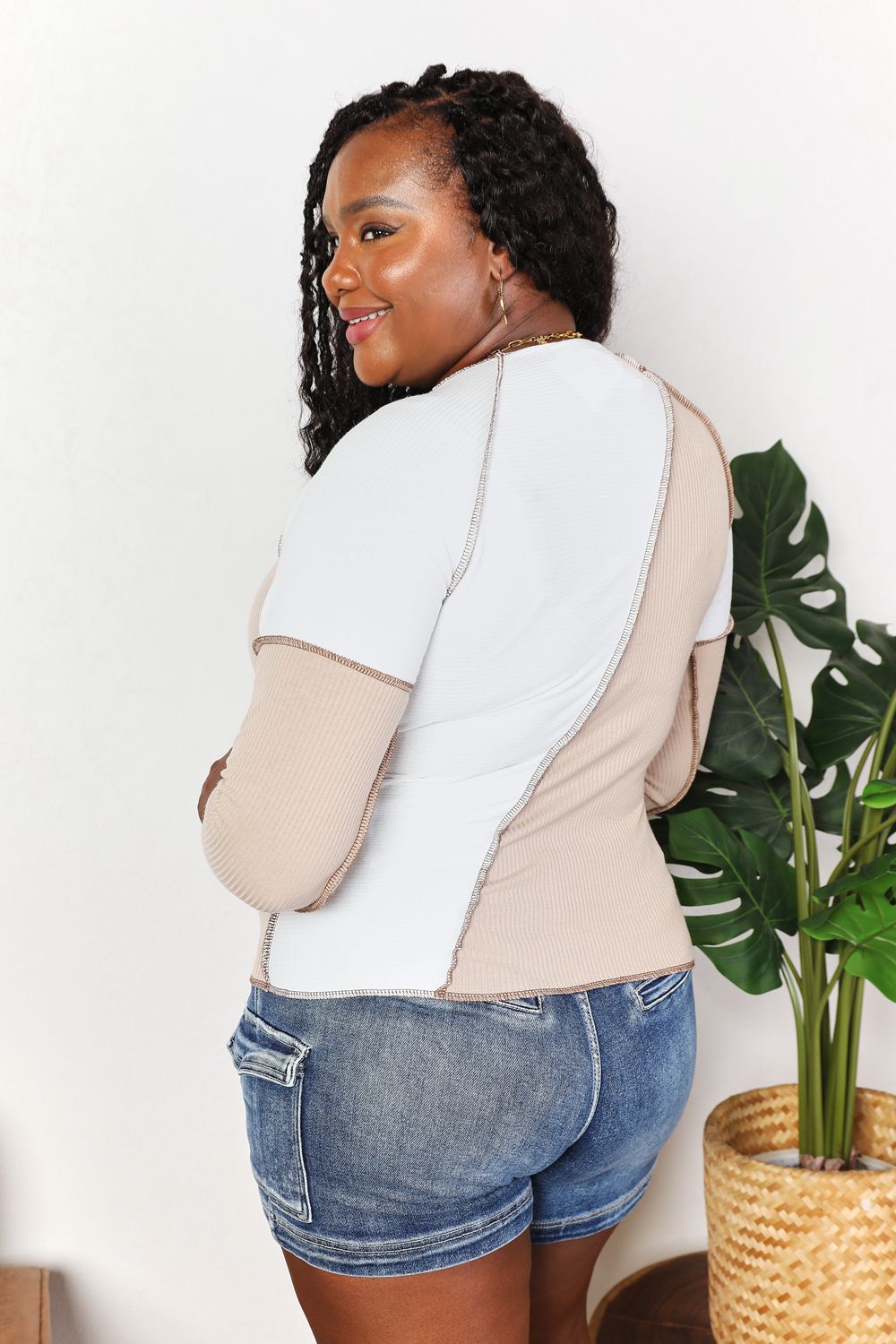 Khaki double take color block exposed seam top by Trendsi, featuring a stylish casual design with contrasting color panels.