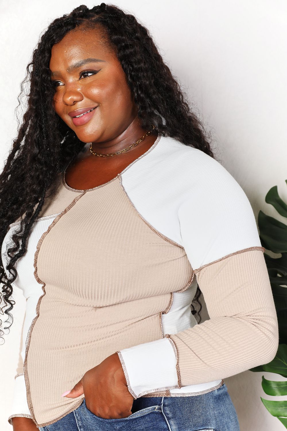 Khaki double take color block exposed seam top by Trendsi, featuring a stylish casual design with contrasting color panels.