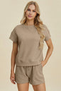 Khaki double take full-size textured short sleeve top and shorts set by Trendsi, casual summer outfit with comfortable fit.