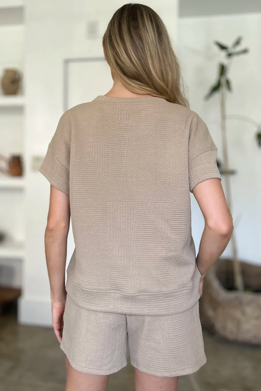 Trendsi double take khaki textured short sleeve top and matching shorts set, full size, casual summer outfit.