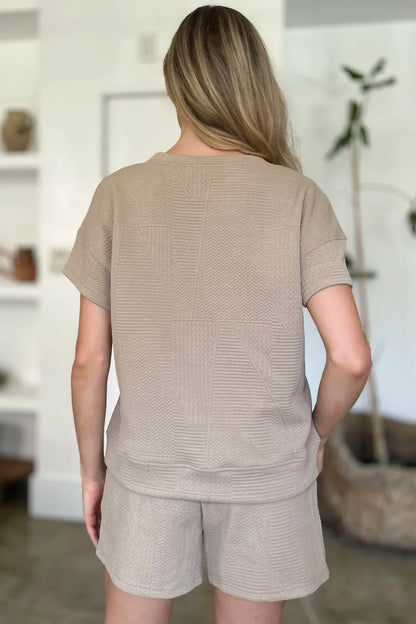 Trendsi double take khaki textured short sleeve top and matching shorts set, full size, casual summer outfit.