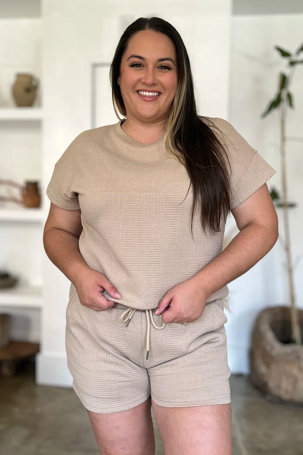Khaki double take full size texture short sleeve top and shorts set by Trendsi, casual summer clothing for women.