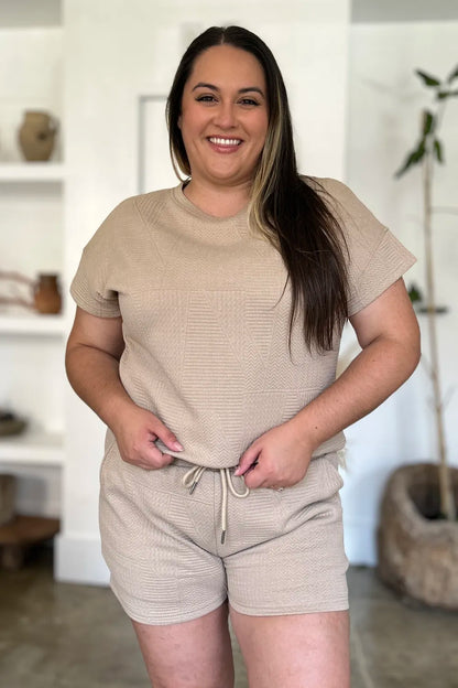 Khaki double take full size texture short sleeve top and shorts set by Trendsi, casual summer clothing for women.