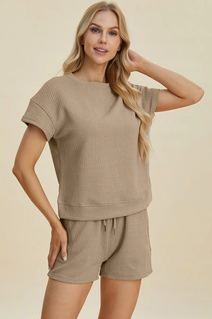 Trendsi khaki double take full-size textured short sleeve top and matching shorts set, casual summer outfit.