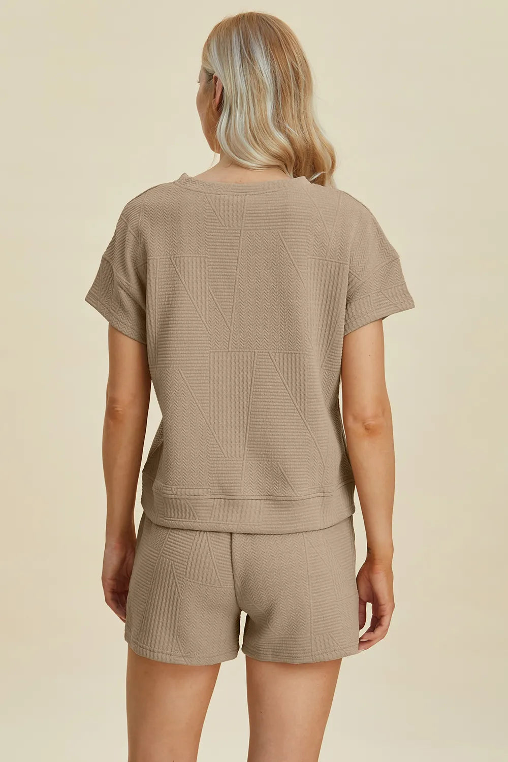 Trendsi khaki double take full-size texture short sleeve top and matching shorts set, casual summer outfit.