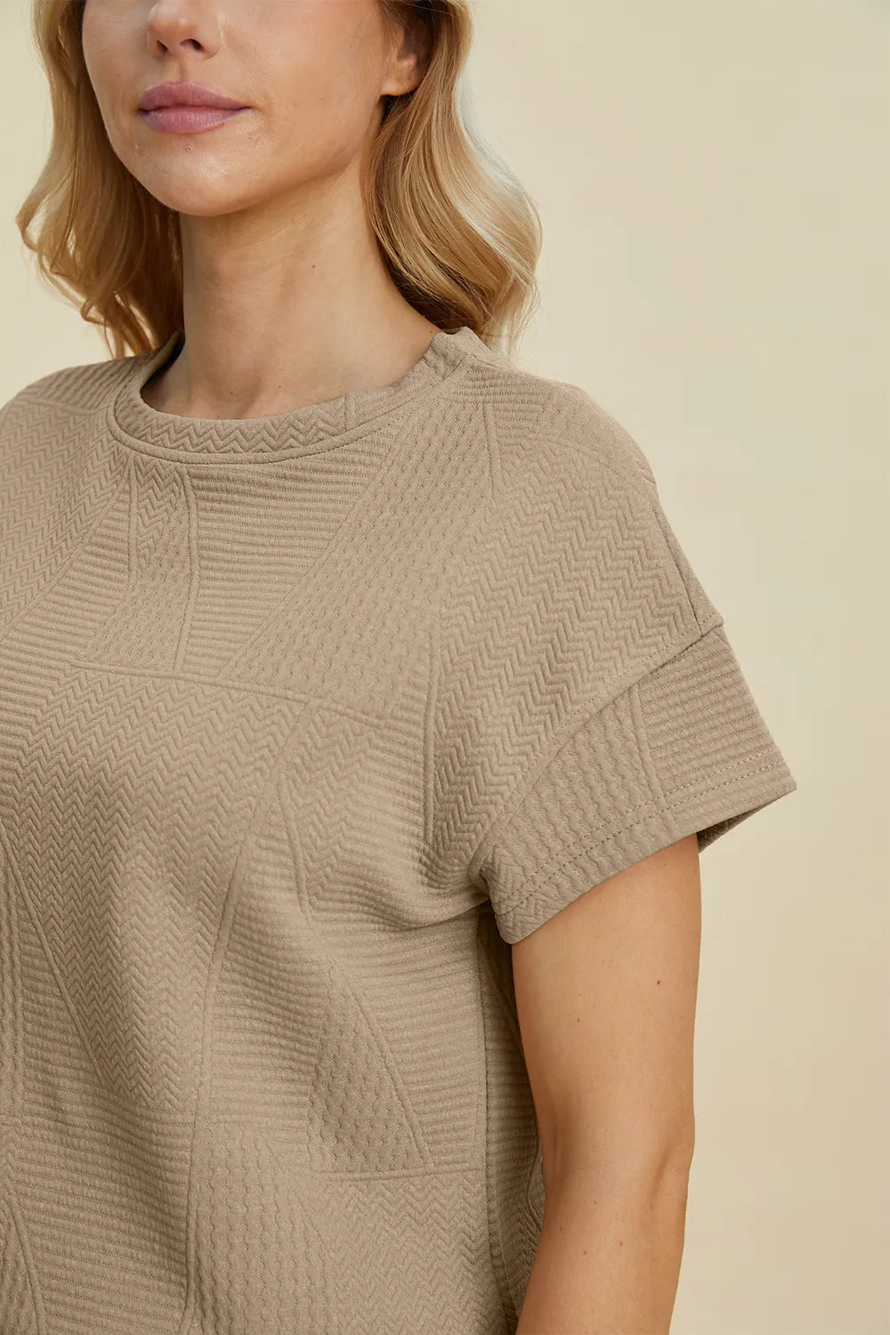 Khaki double take full size textured short sleeve top and shorts set by Trendsi, casual and comfortable summer outfit.
