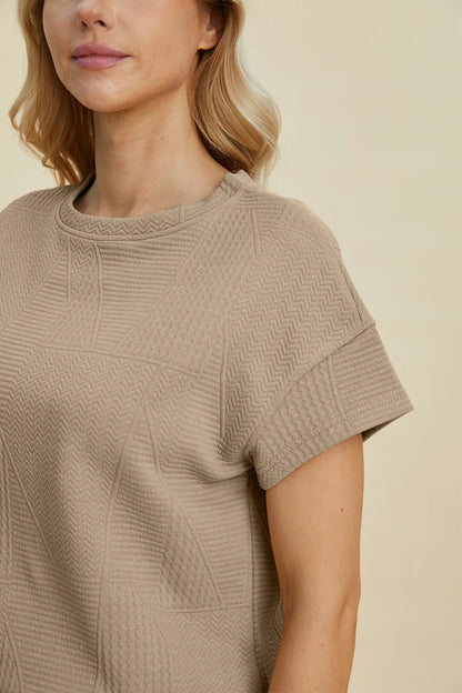 Khaki double take full size textured short sleeve top and shorts set by Trendsi, casual and comfortable summer outfit.