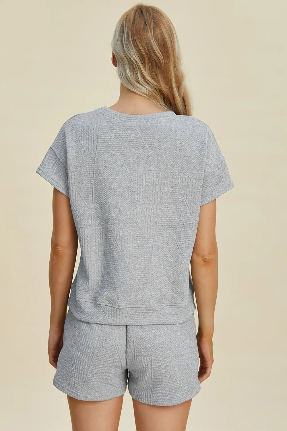 Trendsi double take khaki full-size textured short sleeve top and matching shorts set, casual summer outfit.