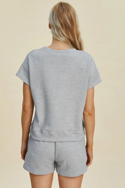 Trendsi double take khaki full-size textured short sleeve top and matching shorts set, casual summer outfit.