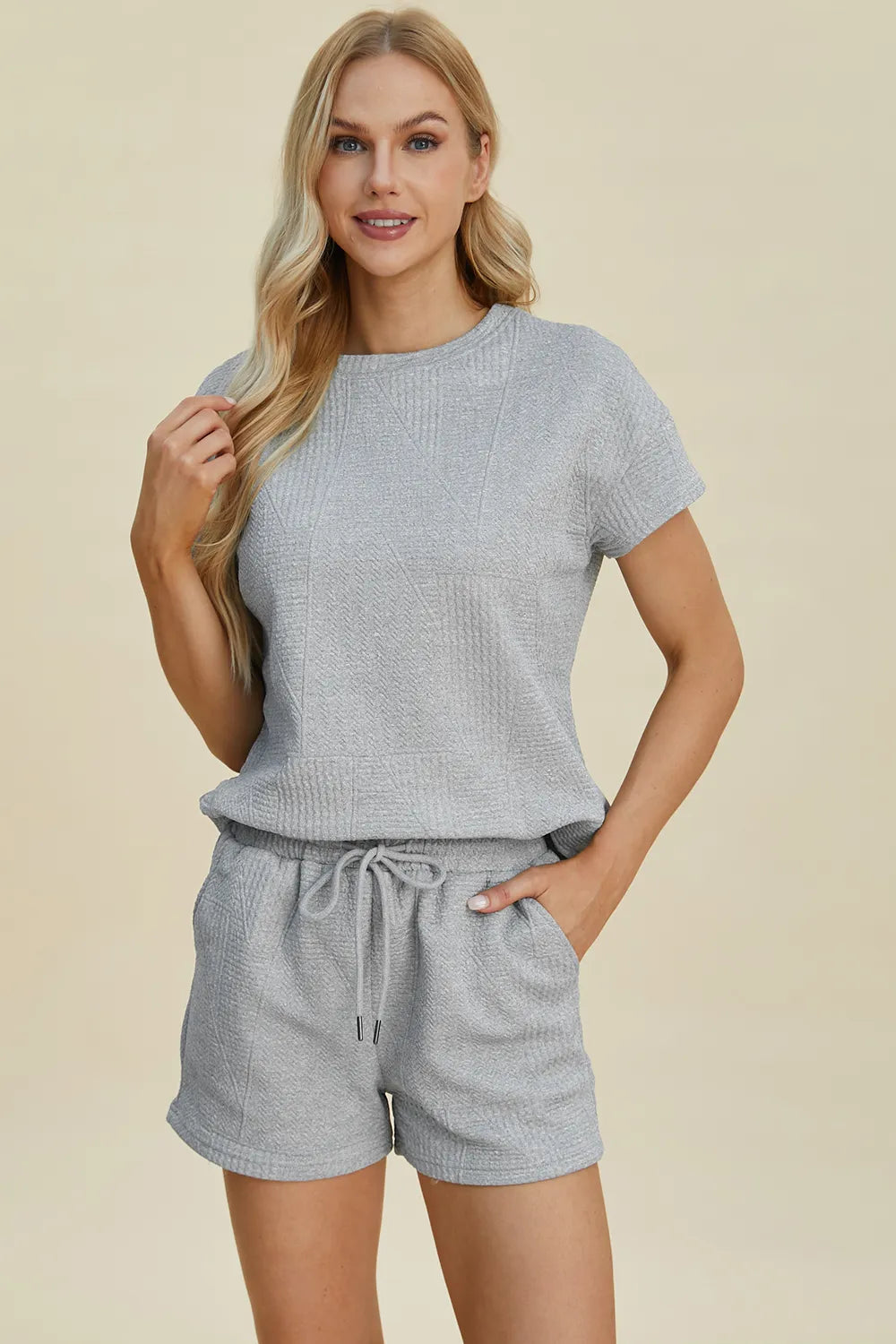 Trendsi khaki double take full-size textured short sleeve top and matching shorts set, casual summer outfit.