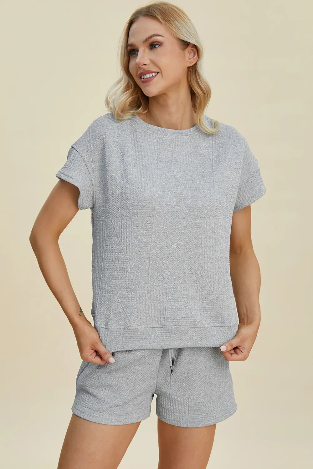 Khaki double take full-size texture short sleeve top and shorts set by Trendsi, casual summer outfit with textured fabric.